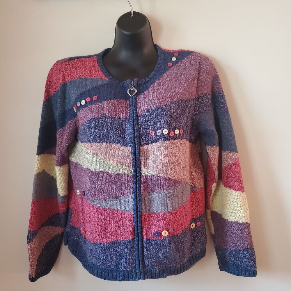 Vintage Y2K Christopher & Banks Multicolor Button Accent Zip Cardigan Sweater M